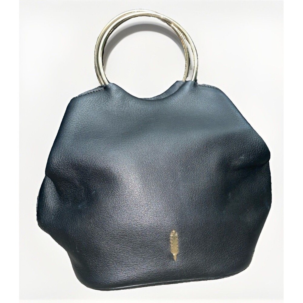 Thacker New York Black Leather Gold Ring Handle Bag Pebbled Leather